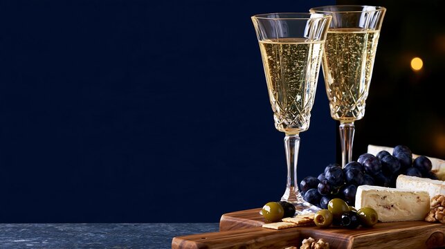 Two glasses of sparkling wine beside cheeses, grapes, olives, crackers and walnuts with wide copy space, celebration food concept for menus, banners and wine pairing promotions