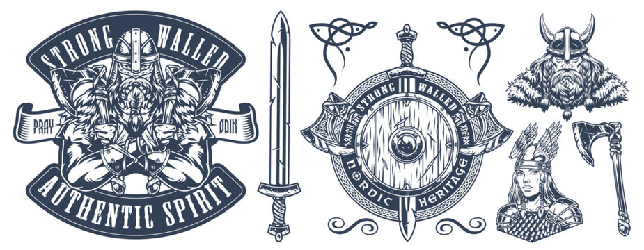 Detailed illustrations include a shield, sword