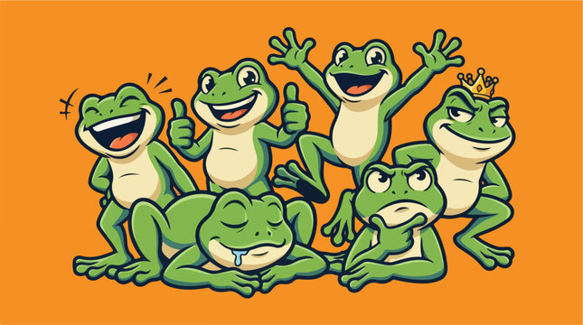 Group of joyful cartoon frog characters in various poses.