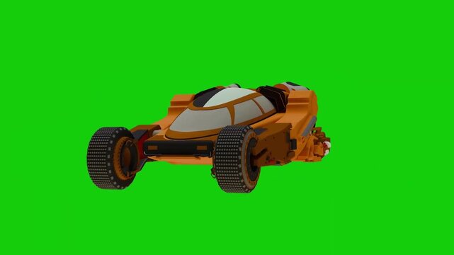 futuristic orange sci-fi hover car rotating on green screen