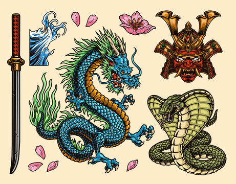 Blue dragon with green scales and pink petals