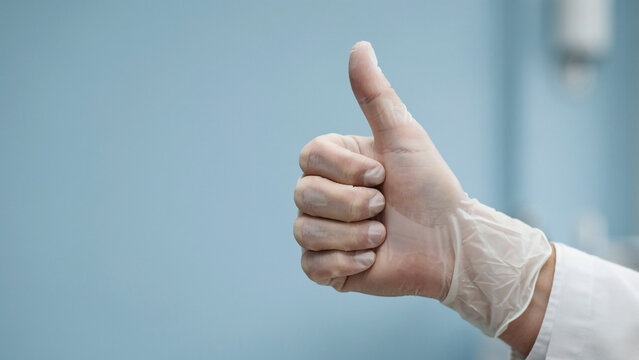 Doctor or medical worker showing thumbs up with a gloved hand