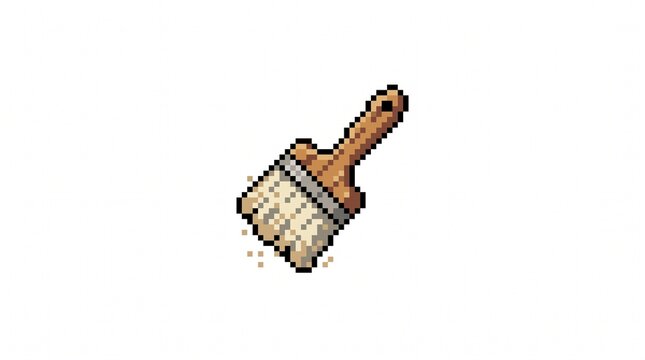 8-bit pixel art of a small wooden archaeological soft bristle brush game asset isolated on white.