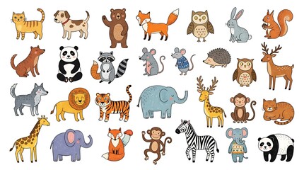 Obraz premium Collection of hand drawn wild and domestic animals including mammals, birds and forest creatures in cartoon style