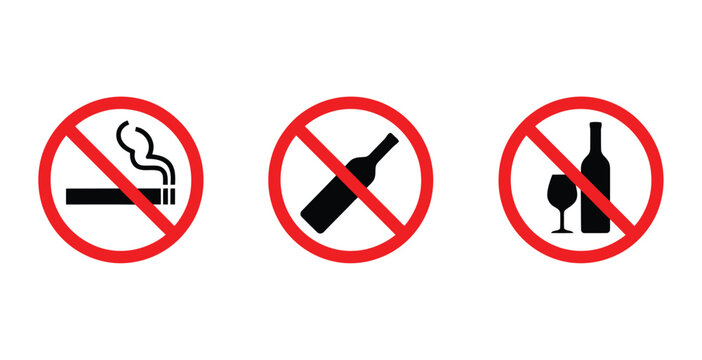 Prohibition icon set featuring smoking and alcohol restriction signs