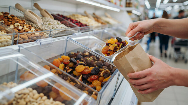 Customer scooping dried fruits into a paper bag at a grocery store