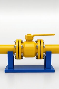 Yellow industrial ball valve mounted on blue metal support stands. Flanged pipeline shutoff valve on yellow pipe isolated on white background