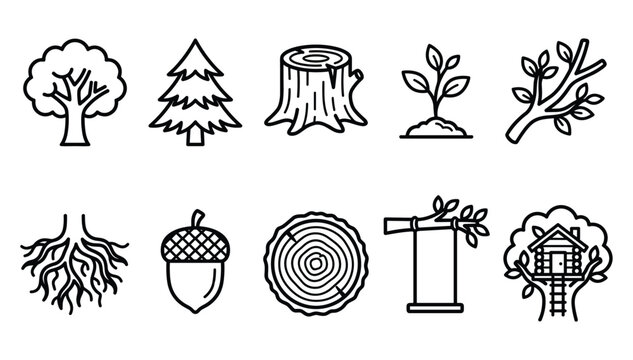 Collection of minimalist black outline forestry icons featuring trees roots logs and environmental nature symbols