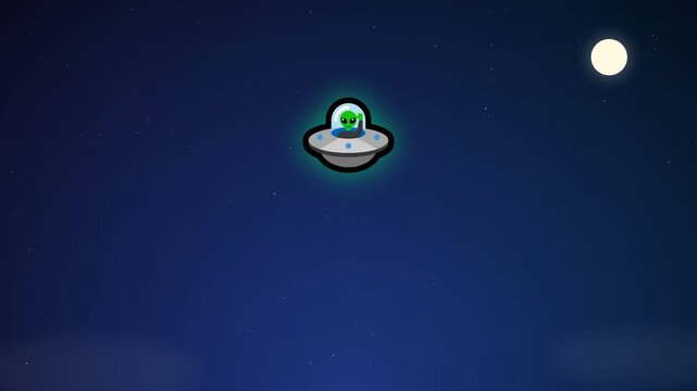 Cartoon alien flying a ufo with tractor beam in the night sky