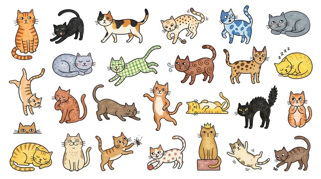 Set of various hand drawn cats in different poses, colors, and patterns isolated on a plain white background