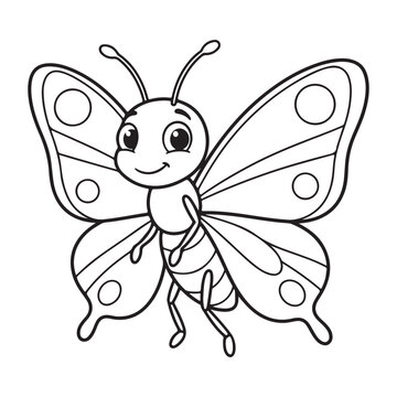 Cute cartoon butterfly outline line art illustration. Black and white bug insect character with wings for kids coloring page activity book.