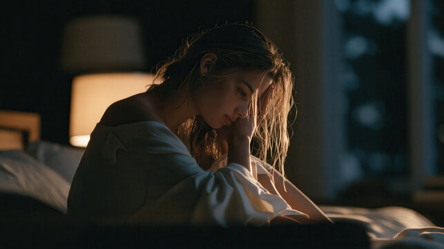 Young woman sad thoughtful alone bedroom night lamp moody pensive melancholy young woman sits alone bed moody bedroom night near warm lamp light, looking thoughtful and melancholy with wet hair