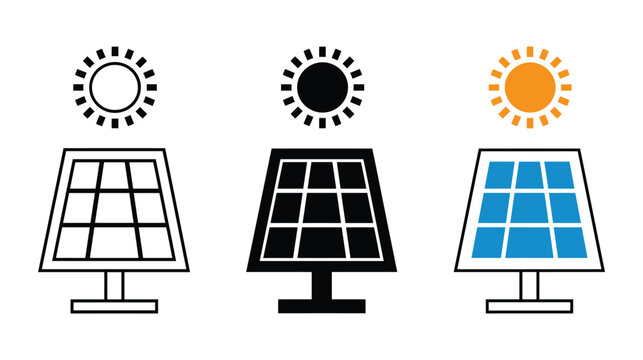 Solar panel icon collection featuring energy symbols in flat designs
