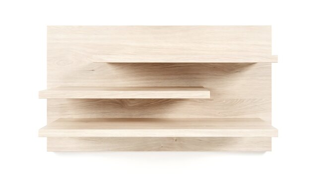Minimalist Modern Light Wood Wall Shelf with Multiple Tiers for Home Storage and Interior Decoration, Floating Wooden Bookshelf Unit Isolated on White Background for Design Composites