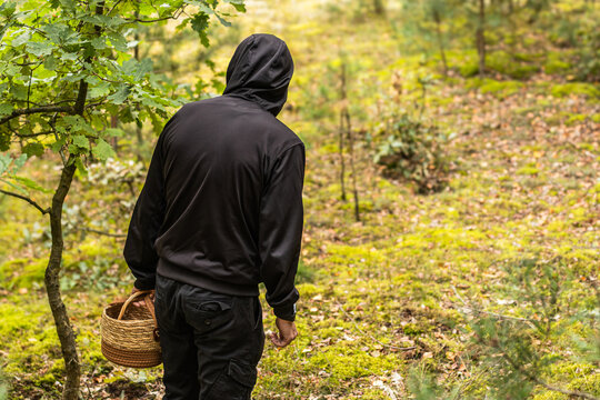 Hooded person carrying a woven basket through sunlit woodland with green foliage and leaf covered ground during an autumn forest walk