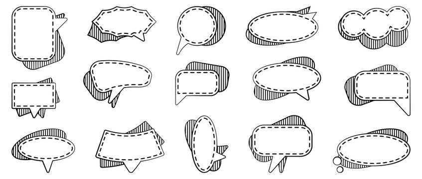 Collection of fifteen hand drawn speech bubbles featuring dashed outlines and decorative striped shadow effects