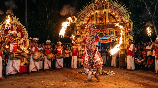 raditional cultural or religious procession featuring fire performers, drummers, and decorated structures