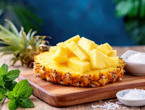 Pineapple slices arranged beautifully on wooden board. Fresh coconut flakes and mint leaves add texture. Vibrant blue background enhances tropical feel