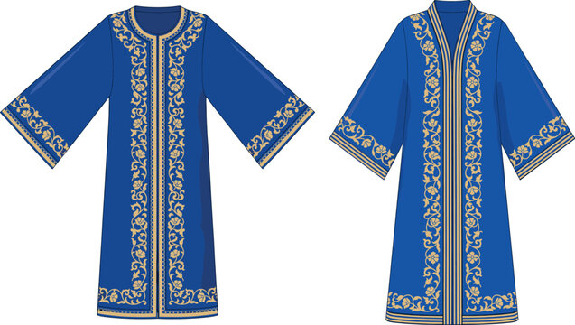 Traditional blue kaftan robe dress templates featuring elegant gold floral embroidery borders and wide sleeves isolated on a white background.
