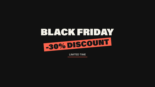 Black Friday Limited Time Sale Animated Text Titles with Diagonal Discount Banner and Dynamic Letter Rotation
