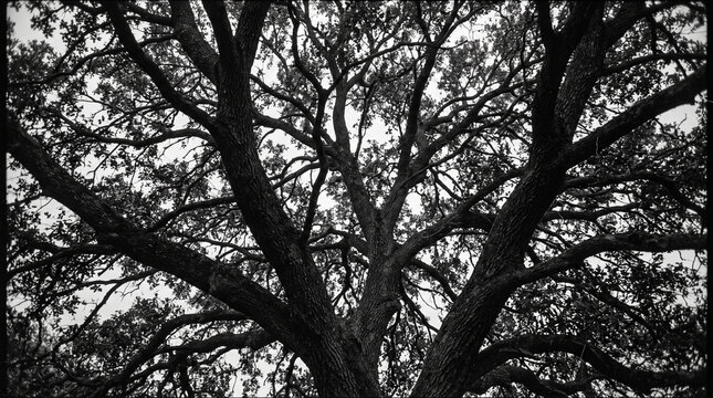 Black and white low angle view of large oak tree branches against bright sky