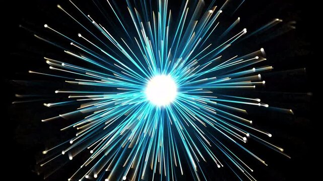 Abstract blue light particles exploding from center on black background motion.