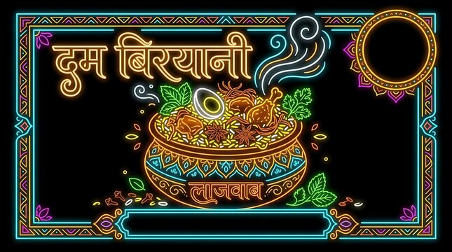 Aromatic Dum Biryani Midnight Neon Glow: Spiced Indian Saffron Rice in Clay Handi with Exquisite Devanagari Lights