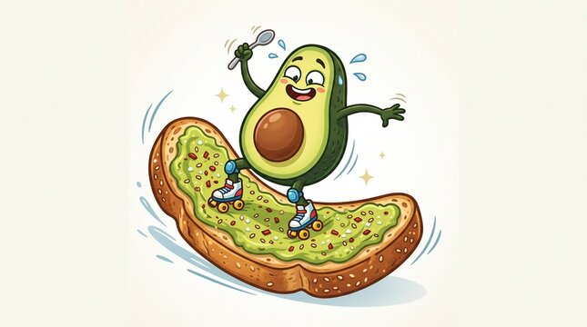 Funny food character of a happy avocado skating on toast  