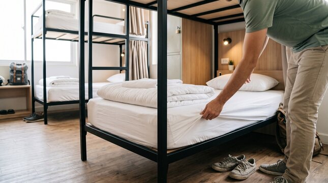 Man making a bed in a shared dormitory room with bunk beds  