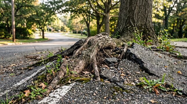 Tree roots breaking through asphalt on a suburban street  