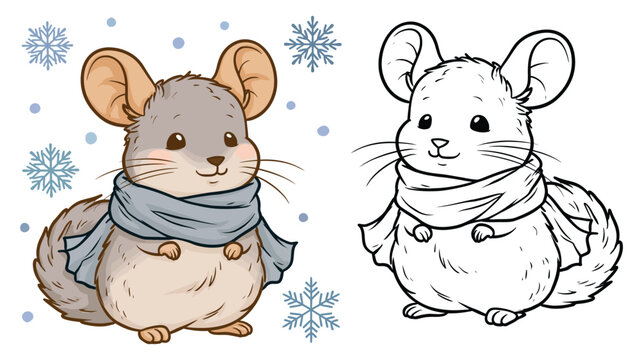 Chinchilla illustration vector cute character wearing winter scarf