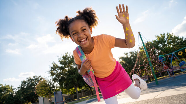 Playful girl with prosthetic arm running energetically across bright city playground