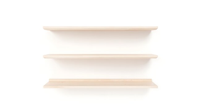 Three empty wooden floating shelves mounted on a clean white wall, minimalist interior mockup for product display, home organization and storage concept with light wood texture and soft shadows.