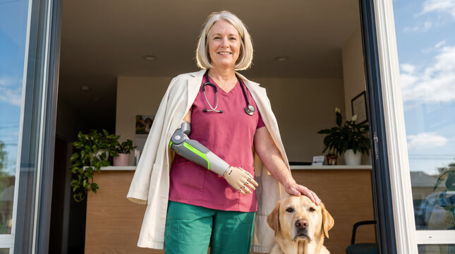 Welcoming veterinarian with prosthetic arm greeting dog at bright clinic entrance