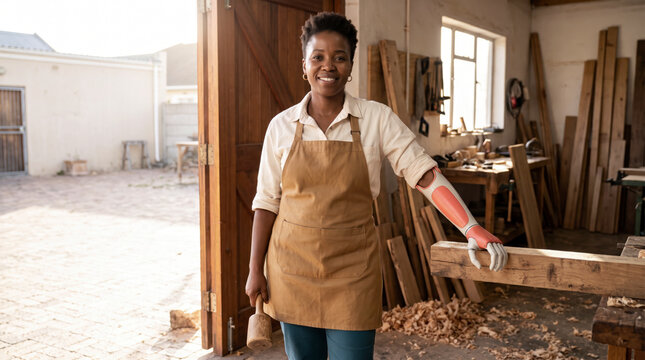 Skilled carpenter with prosthetic arm holding mallet inside rustic wood workshop