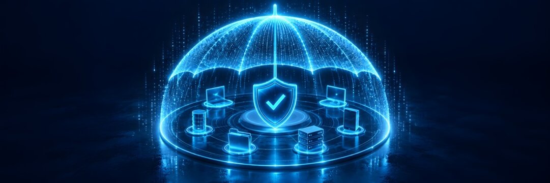 Glowing digital umbrella shielding computers and databases illustrating comprehensive cybersecurity data protection and enterprise disaster recovery