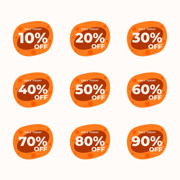 Set Collection Modern Discount Sale Badges Stickers with 10%, 20%, 30%, 40%, 50%, 60%, 70%, 80%, and 90% OFF Labels. Orange Color Promotional Tags Design Vector. Ideal for E-commerce, Online Shopping