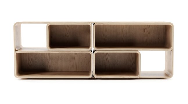 Minimalist modular wooden shelving unit with rounded corners and staggered compartments, modern Scandinavian style storage cabinet for contemporary interior design isolated on white background