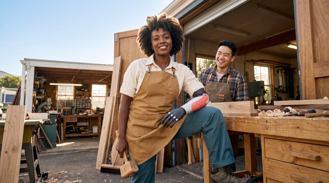 Engaged carpenter with prosthetic arm laughing with colleague in workshop yard