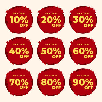 Set Collection Modern Discount Sale Badges Stickers with 10%, 20%, 30%, 40%, 50%, 60%, 70%, 80%, and 90% OFF Labels. Red Color Promotional Tags Design Vector. Ideal for Online Shop, Seasonal Sale