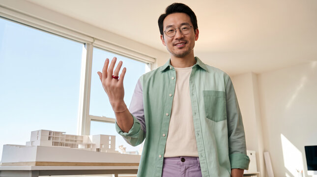 Confident architect with prosthetic hand presenting model in modern office studio