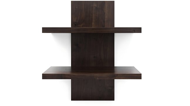 Minimalist wall mounted dark brown wooden shelving unit with two tiers and back panel isolated on plain white background, perfect for interior decor display, storage solutions, and home office