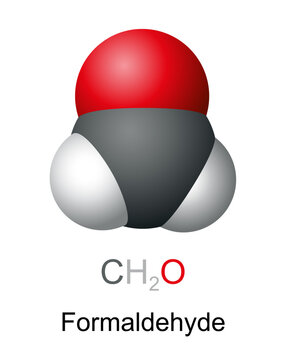 Formaldehyde molecule, CH2O, space-filling model and chemical formula. Methanal, organic compound and simplest aldehyde. Pungent colorless gas used in production of industrial resins. Isolated. Vector