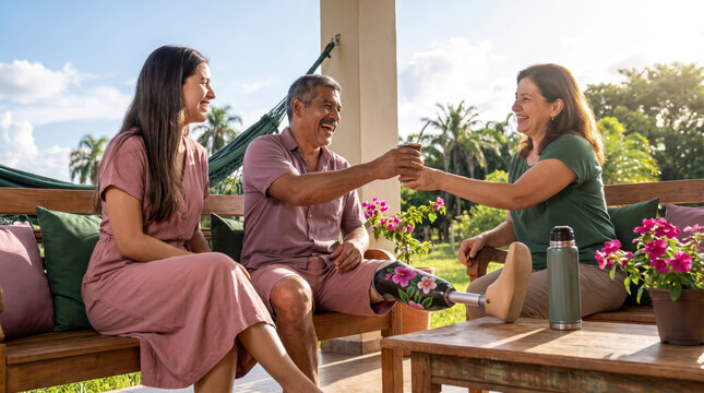 Resolute father with painted prosthetic leg sharing mate with family on porch