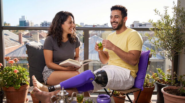 Relaxed man with prosthetic leg drinking tea with partner on city balcony
