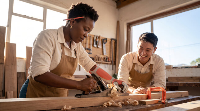 Skilled carpenter with prosthetic arm planing wood beside smiling colleague