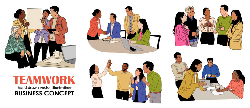 Teamwork scenes show diverse people collaborating. They gather around tables or groups, showing unity and effort. Colored illustrations depict shared goals and mutual support