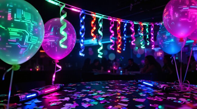 Cyberpunk neon party decoration: a close-up of neon party decorations, LED streamers, holographic balloons, and glitch confetti. Background is a dark club. The mood is festive and synthetic. Every dec