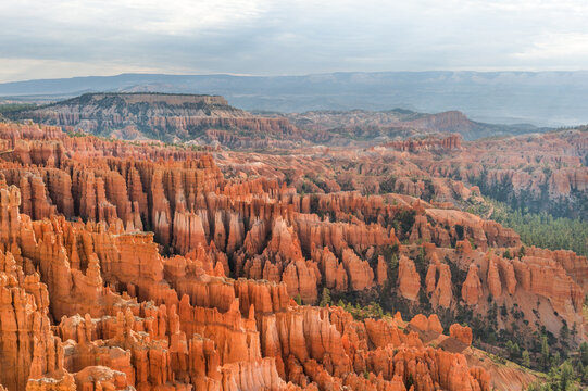 View of the iconic orange hoodoos and rock formations of Bryce Canyon National Park with pine trees and distant mountains under a cloudy sky in Utah, United States.