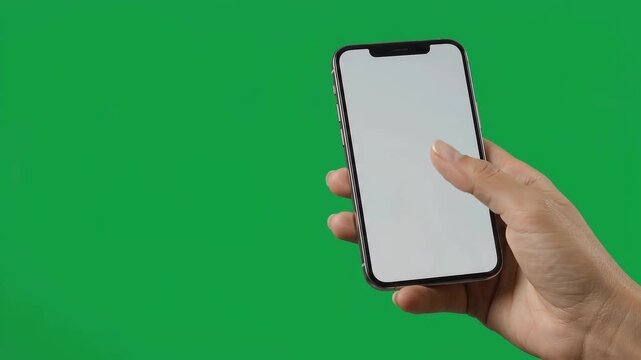 Hand holding smartphone with blank screen on green background